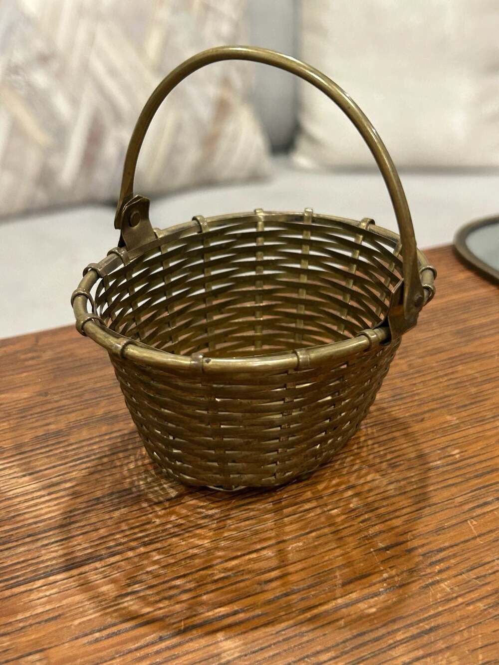 Vintage Small Woven Brass Basket with Movable Swivel Handle